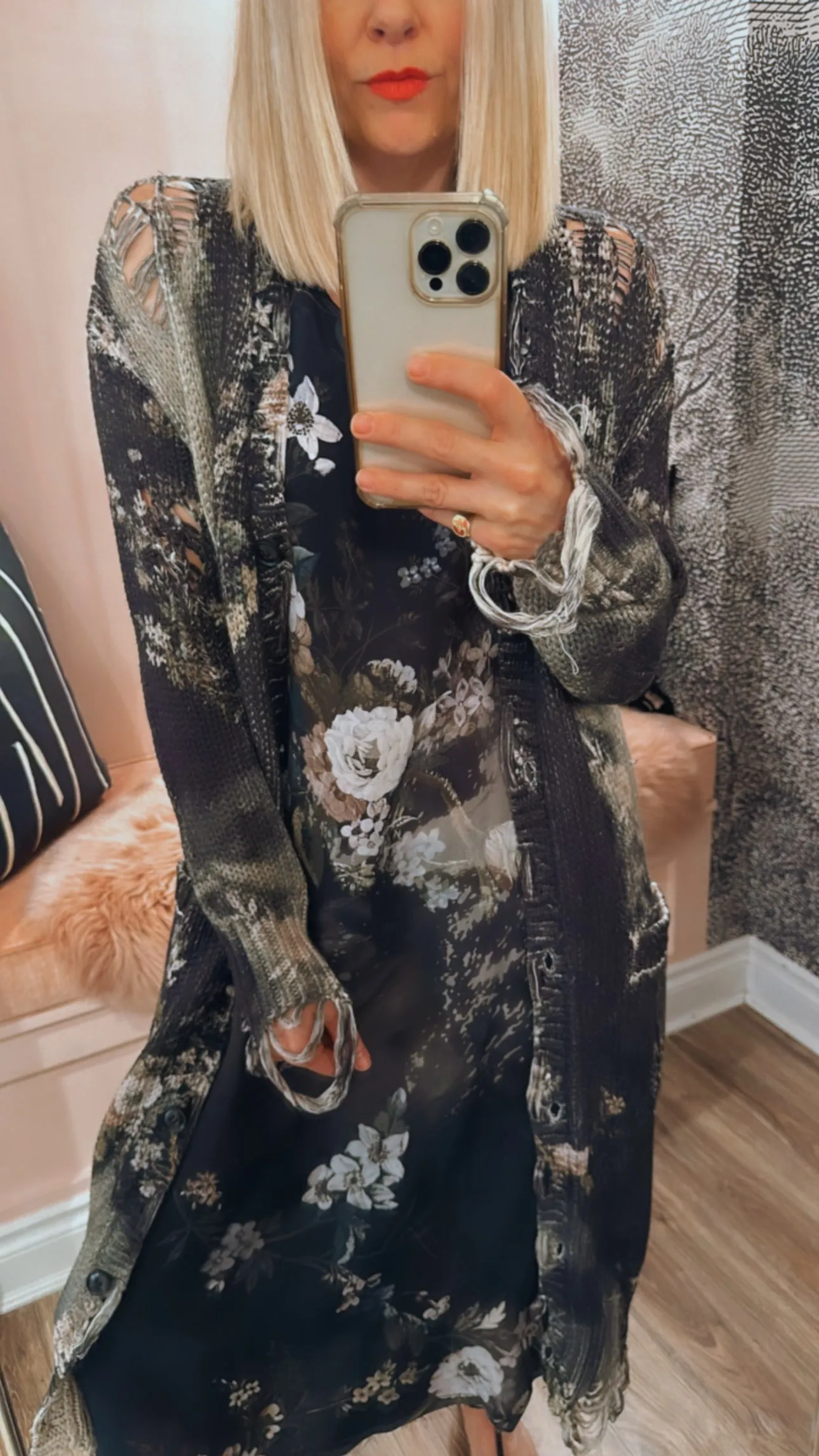 Floral Distressed Long Cardigan