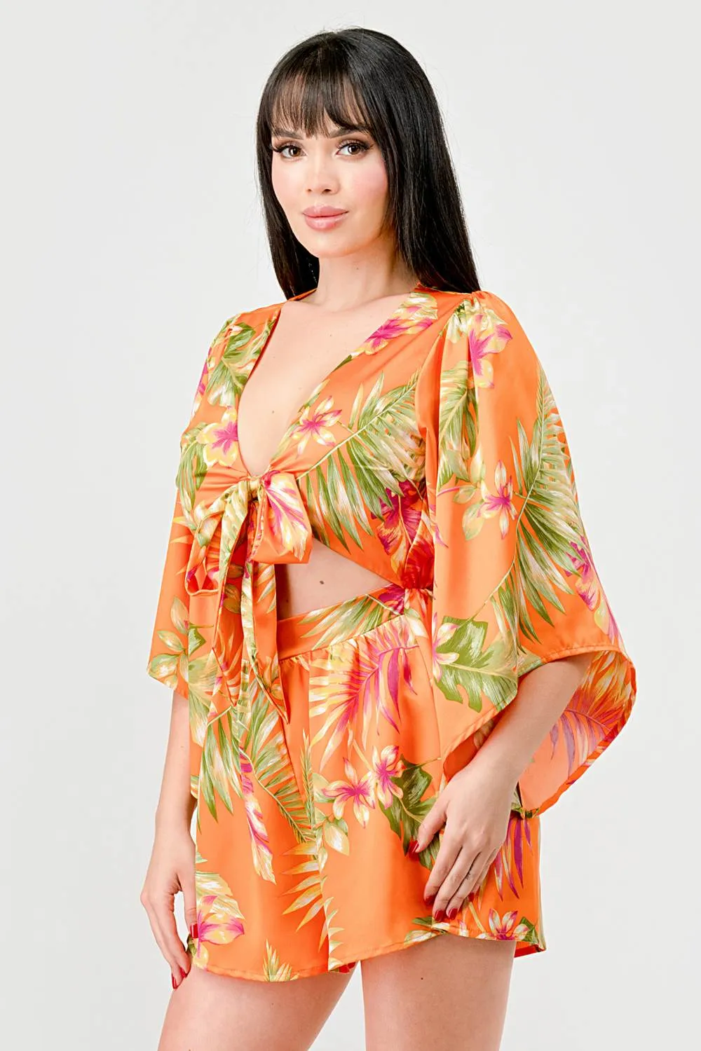 FLORAL PRINT SATIN KIMONO KNOT FRONT TIE ROMPER