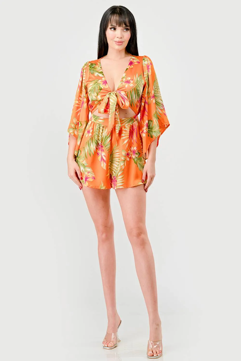 FLORAL PRINT SATIN KIMONO KNOT FRONT TIE ROMPER