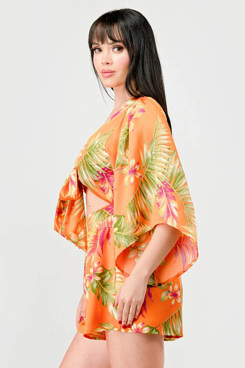 FLORAL PRINT SATIN KIMONO KNOT FRONT TIE ROMPER