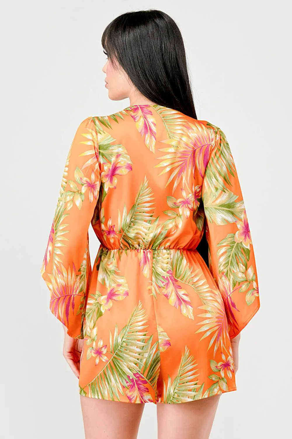 FLORAL PRINT SATIN KIMONO KNOT FRONT TIE ROMPER