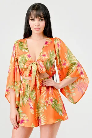 FLORAL PRINT SATIN KIMONO KNOT FRONT TIE ROMPER