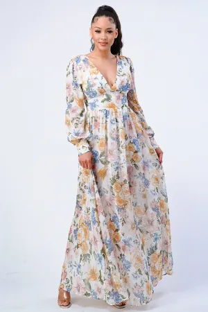 FLORAL V-NECK CHIFFON PUFF SLV EMPIRE MAXI DRESS