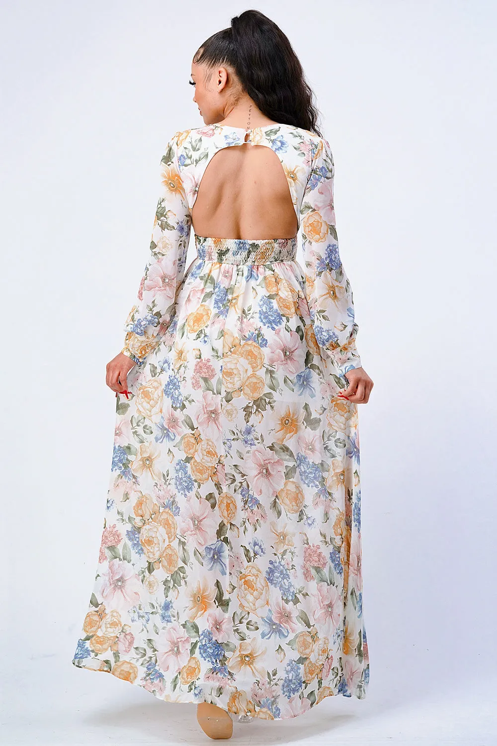 FLORAL V-NECK CHIFFON PUFF SLV EMPIRE MAXI DRESS