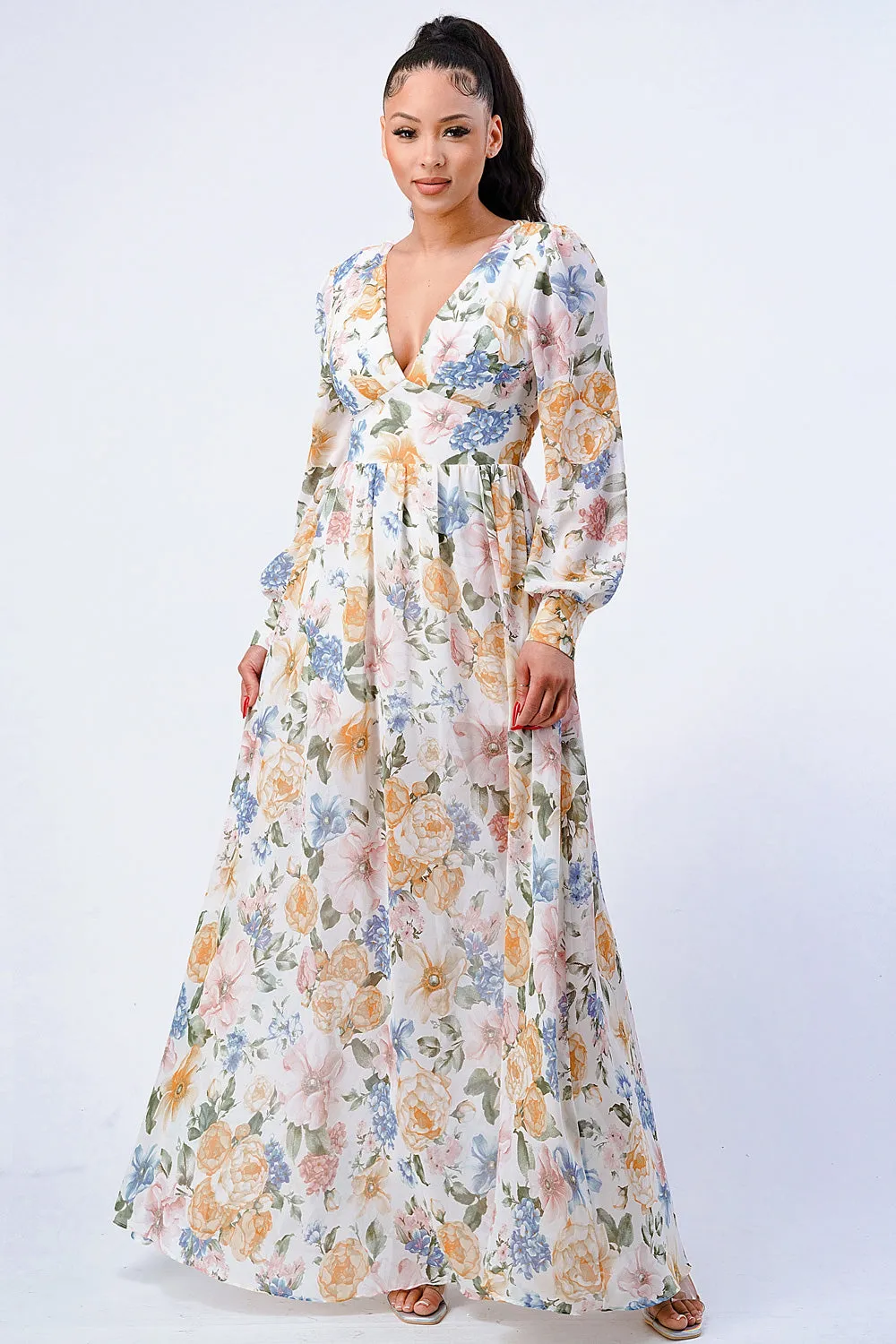 FLORAL V-NECK CHIFFON PUFF SLV EMPIRE MAXI DRESS