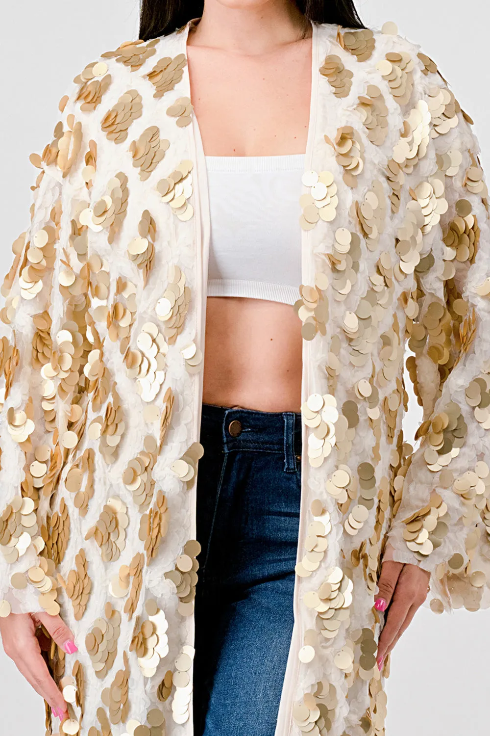 GOLD PAYETTE SEQUINS EMBELLISHED KIMONO CARDIGAN
