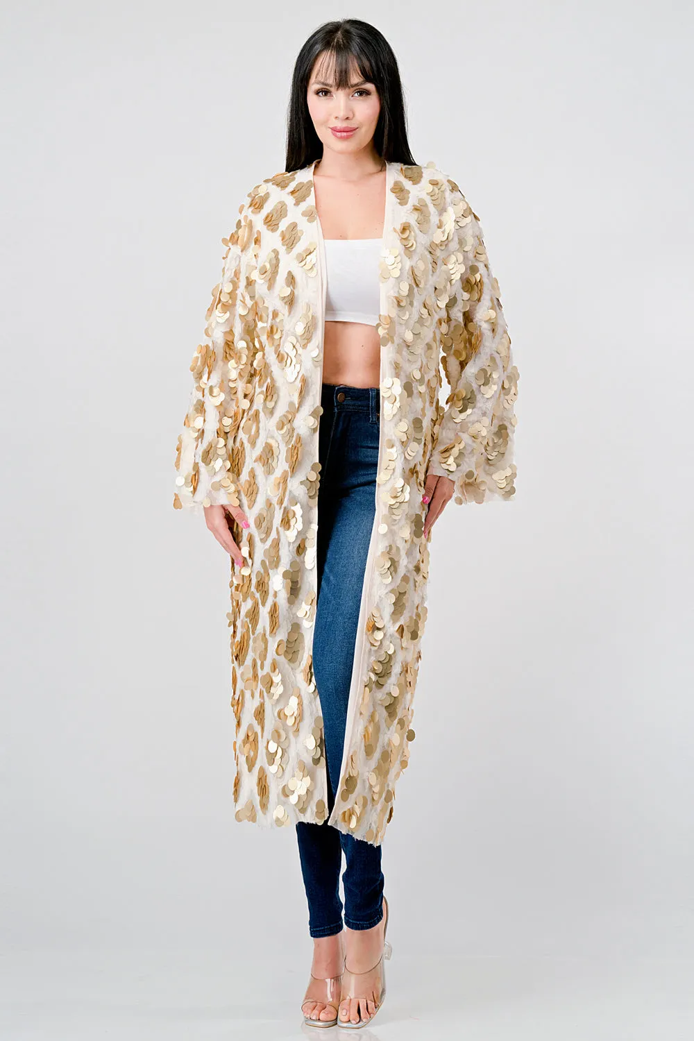 GOLD PAYETTE SEQUINS EMBELLISHED KIMONO CARDIGAN