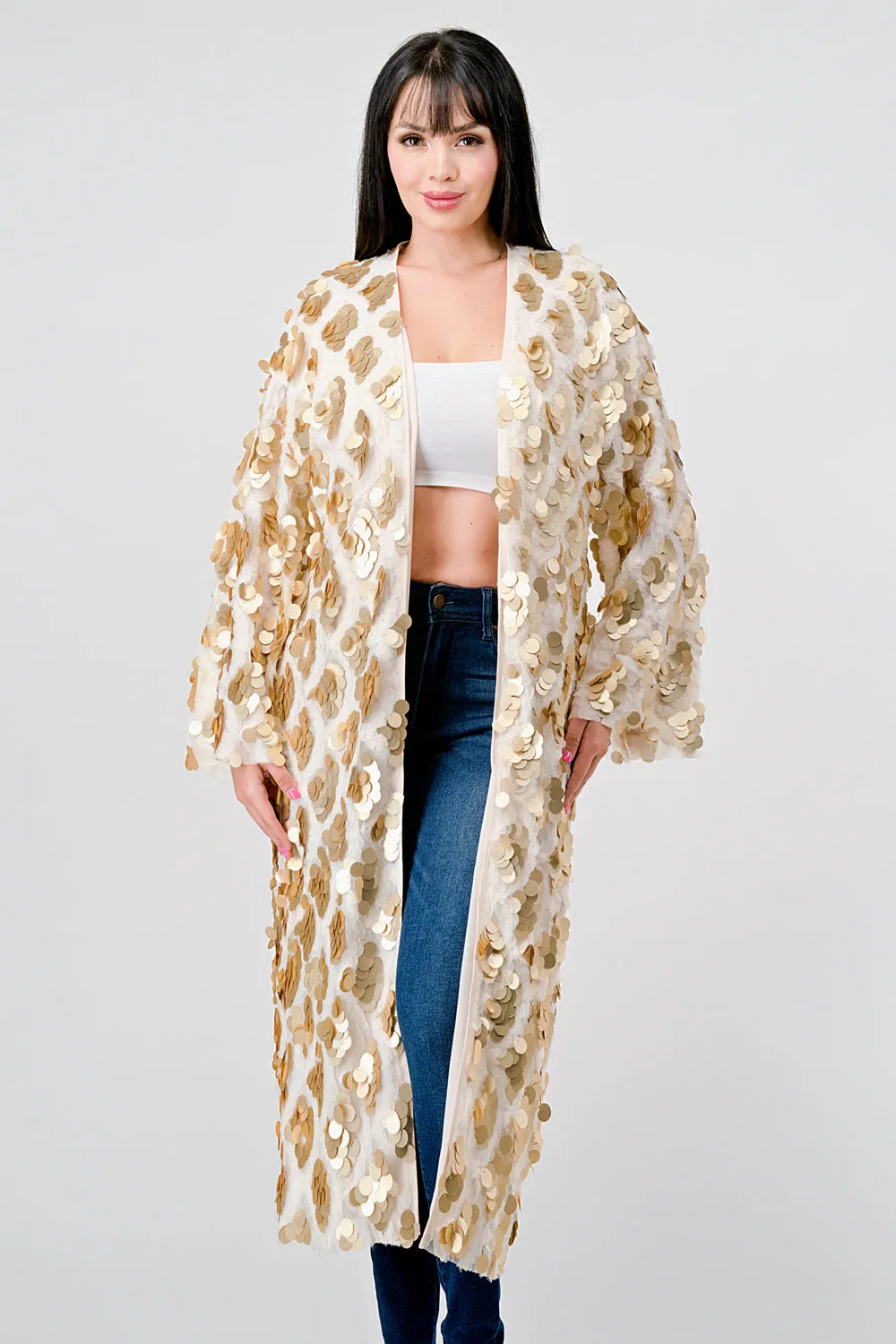 GOLD PAYETTE SEQUINS EMBELLISHED KIMONO CARDIGAN