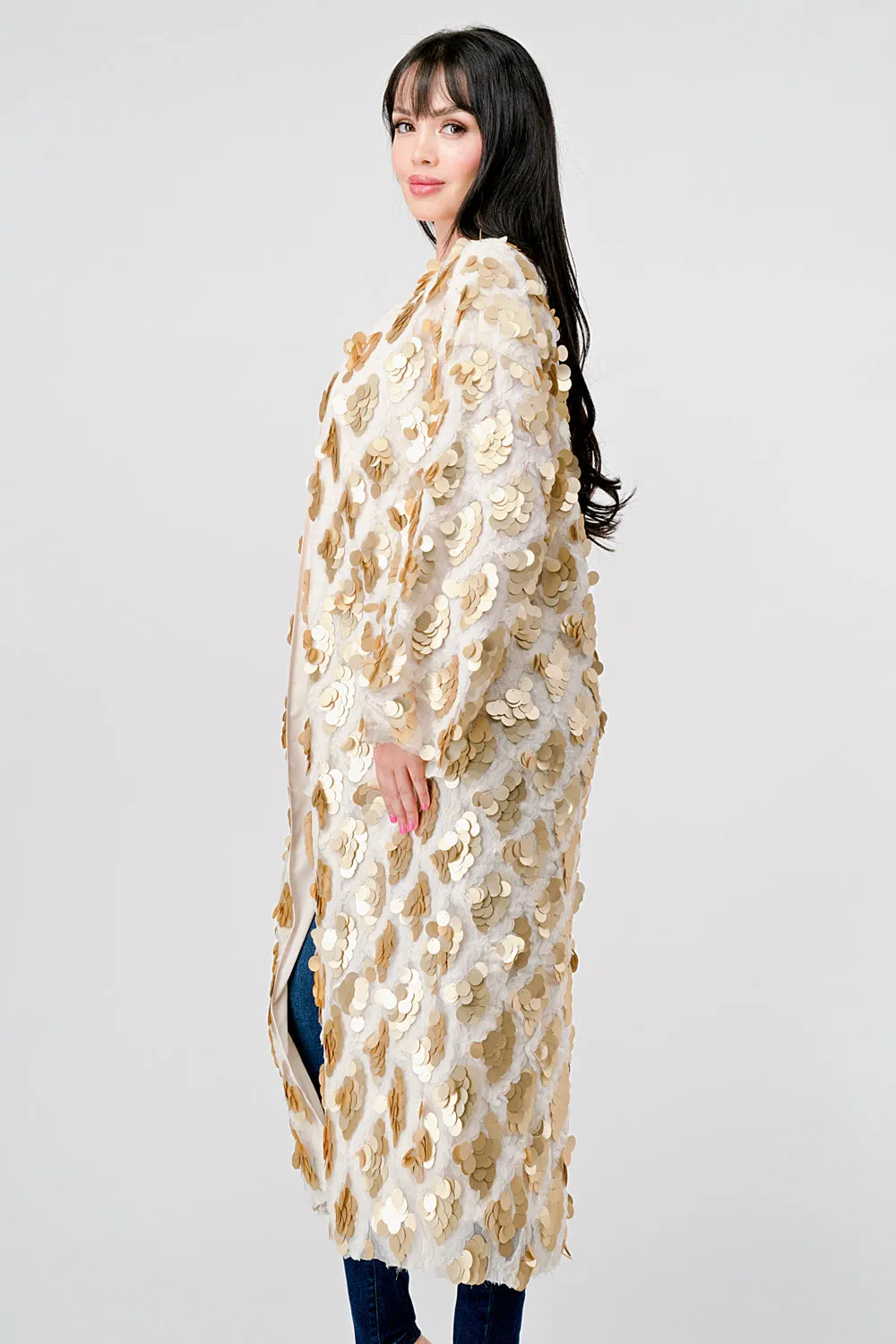 GOLD PAYETTE SEQUINS EMBELLISHED KIMONO CARDIGAN