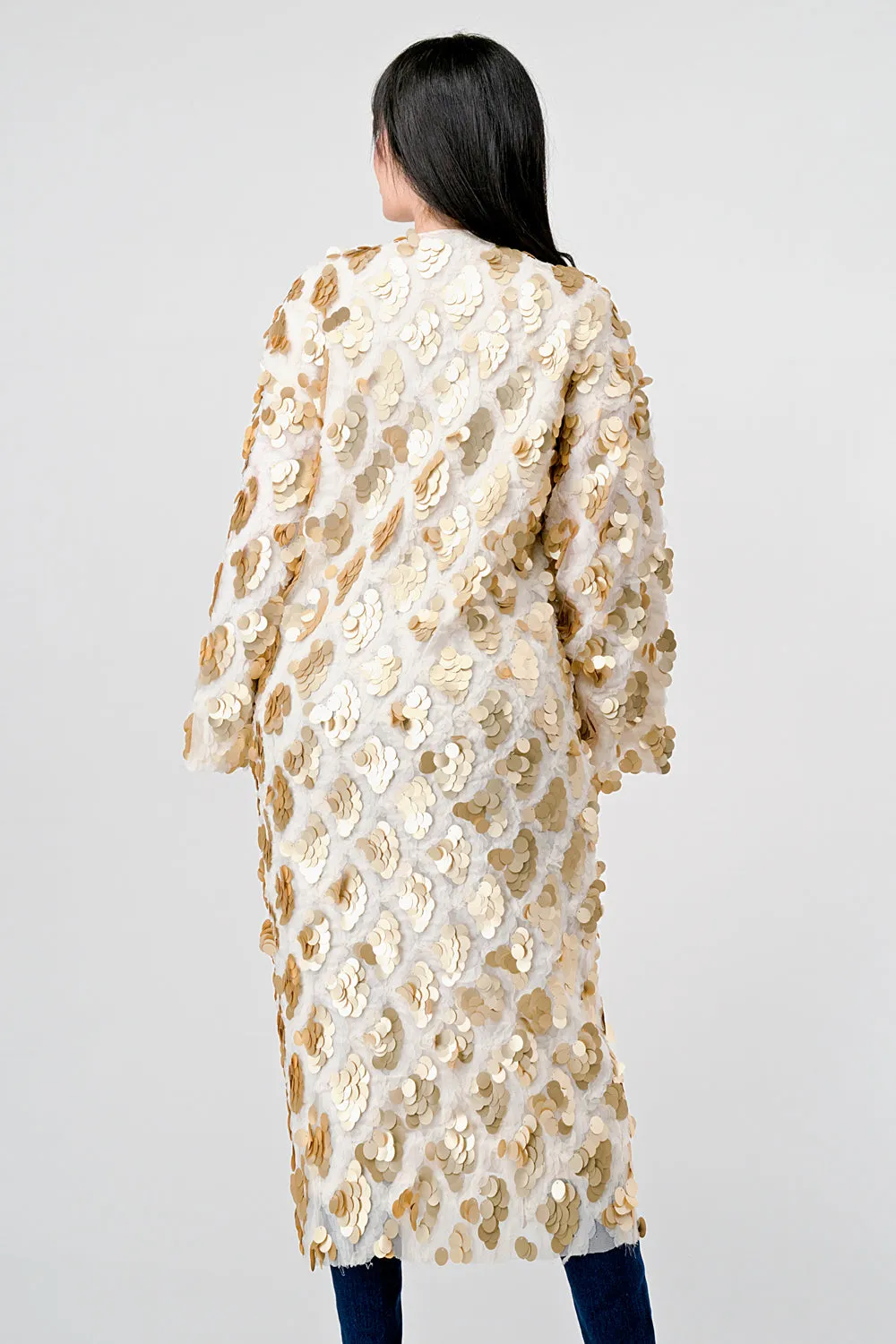 GOLD PAYETTE SEQUINS EMBELLISHED KIMONO CARDIGAN