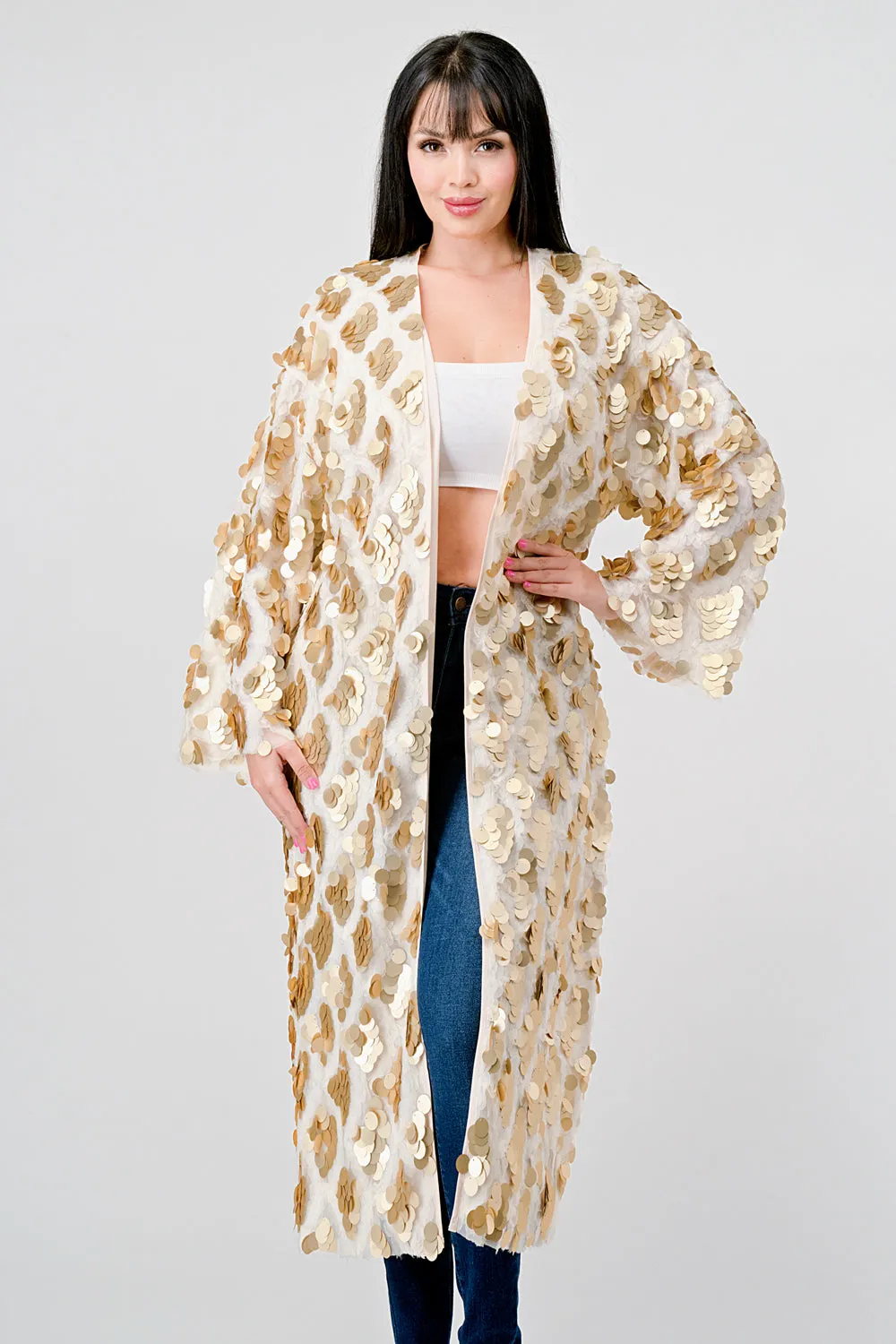 GOLD PAYETTE SEQUINS EMBELLISHED KIMONO CARDIGAN
