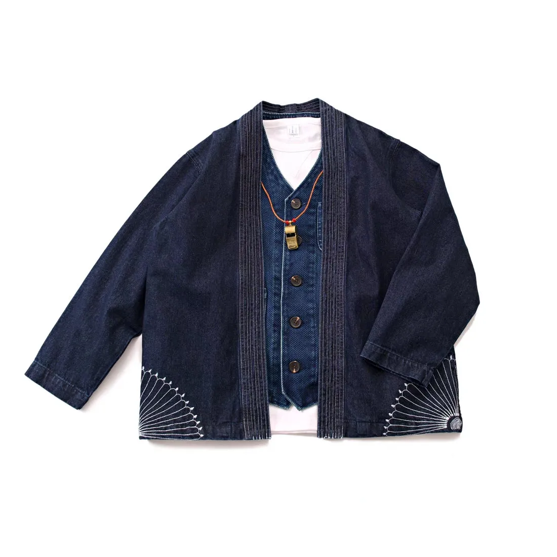 Heavy Denim Embroidered Kimono Jacket