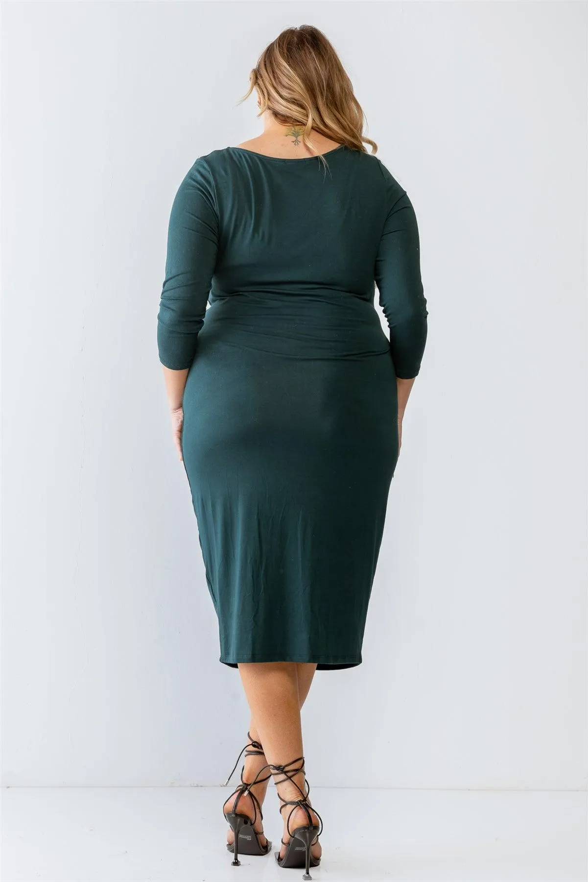 Junior Plus Size Green Basic Long Sleeve Midi Dress /1-2-2-1
