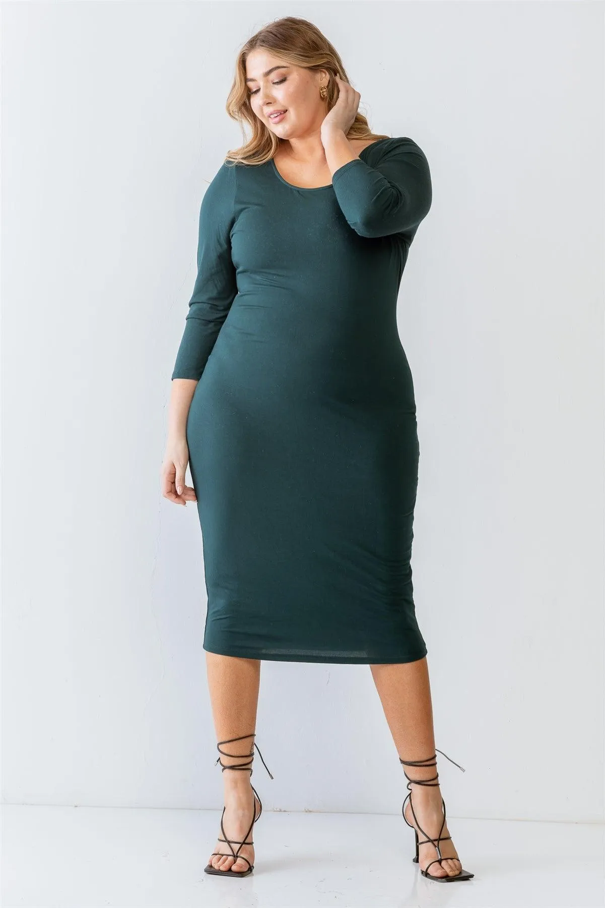 Junior Plus Size Green Basic Long Sleeve Midi Dress /1-2-2-1