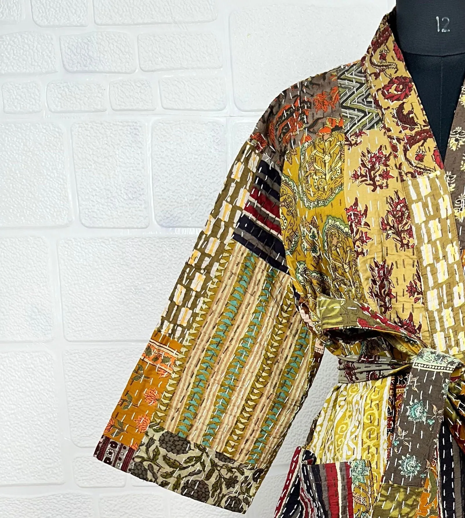 Kantha Pure Cotton Reversible Short Kimono Women Jacket Patchwork Beige Brown