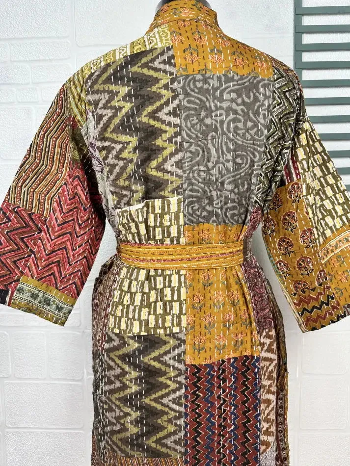 Kantha Pure Cotton Reversible Short Kimono Women Jacket Patchwork Beige Brown