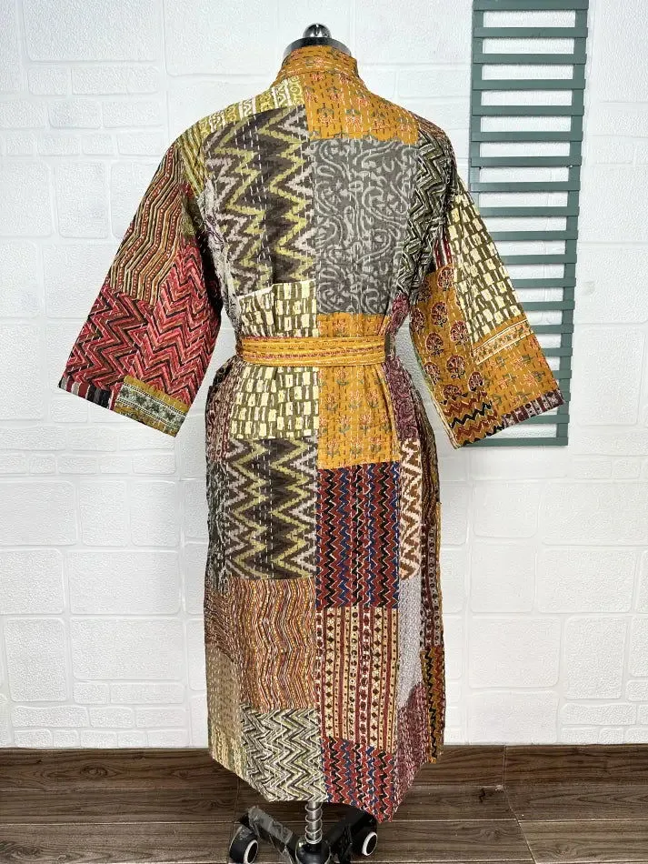 Kantha Pure Cotton Reversible Short Kimono Women Jacket Patchwork Beige Brown