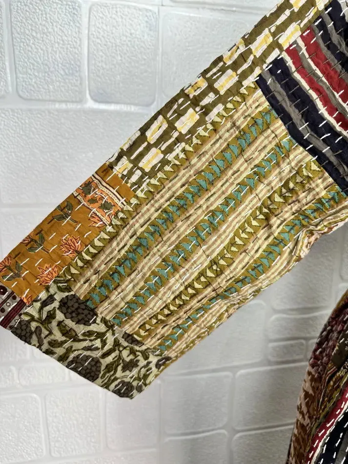 Kantha Pure Cotton Reversible Short Kimono Women Jacket Patchwork Beige Brown
