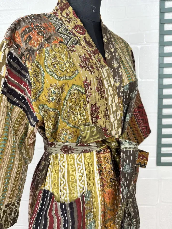 Kantha Pure Cotton Reversible Short Kimono Women Jacket Patchwork Beige Brown