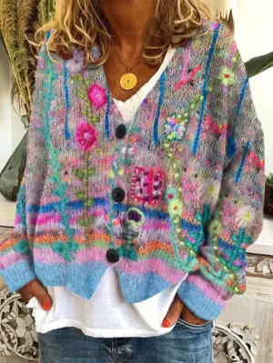Liva  Stijlvolle dames cardigan van wolflanel met retro print