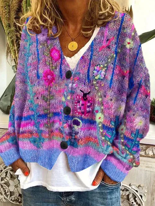 Liva  Stijlvolle dames cardigan van wolflanel met retro print