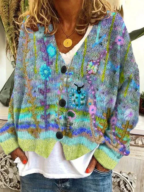 Liva  Stijlvolle dames cardigan van wolflanel met retro print