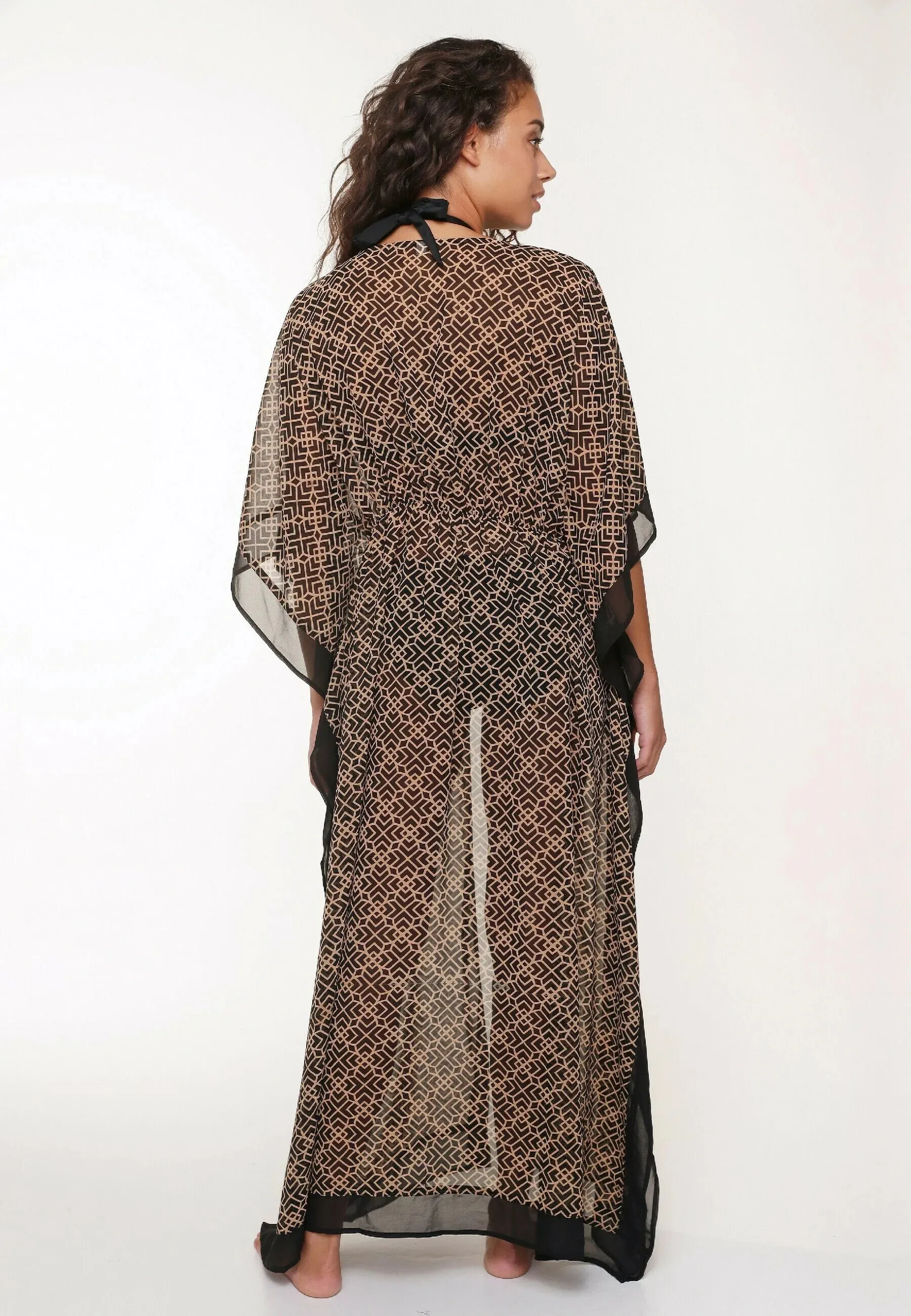 Long Tie Waist Swim Kimono Black/Gold