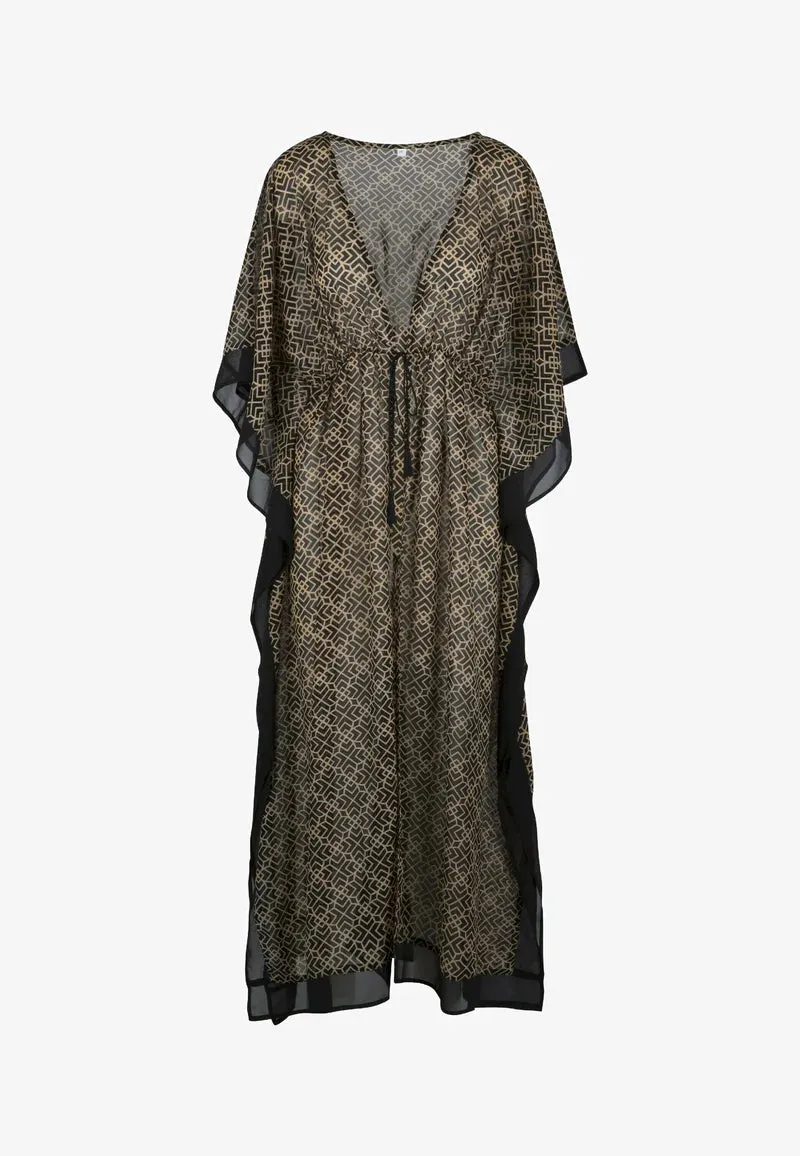 Long Tie Waist Swim Kimono Black/Gold