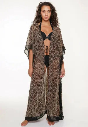 Long Tie Waist Swim Kimono Black/Gold
