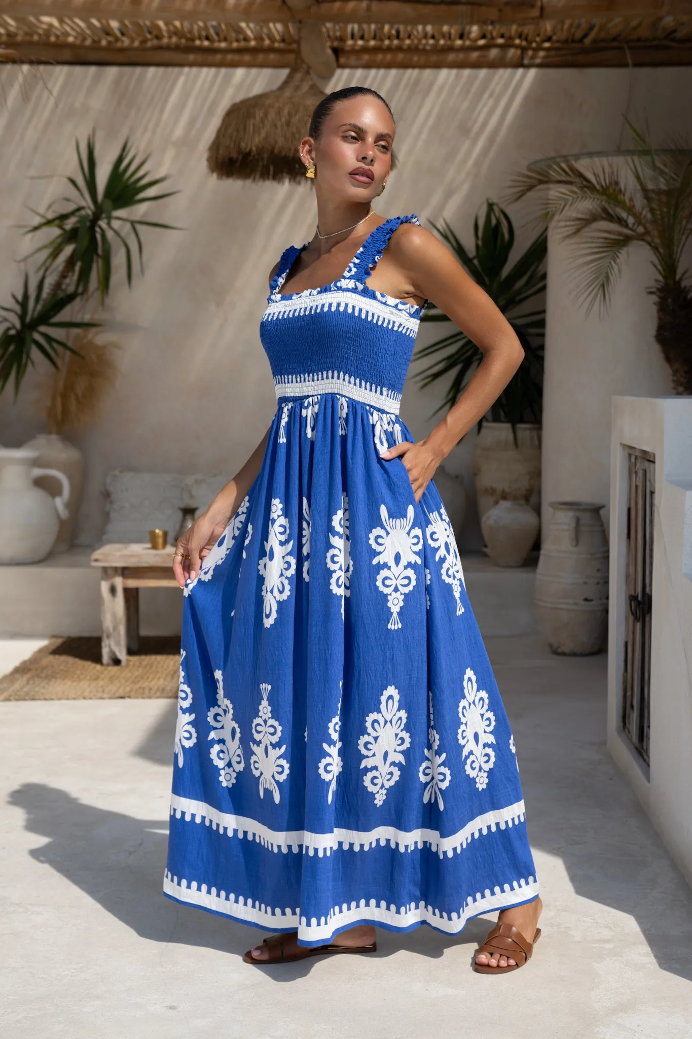 Lune Blue Abstract Square Neck Maxi Dress