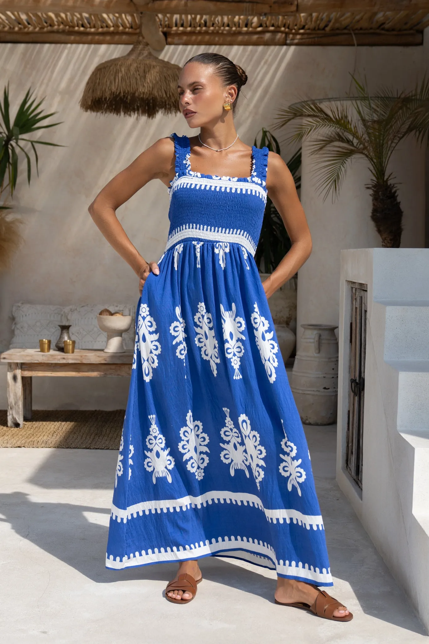Lune Blue Abstract Square Neck Maxi Dress