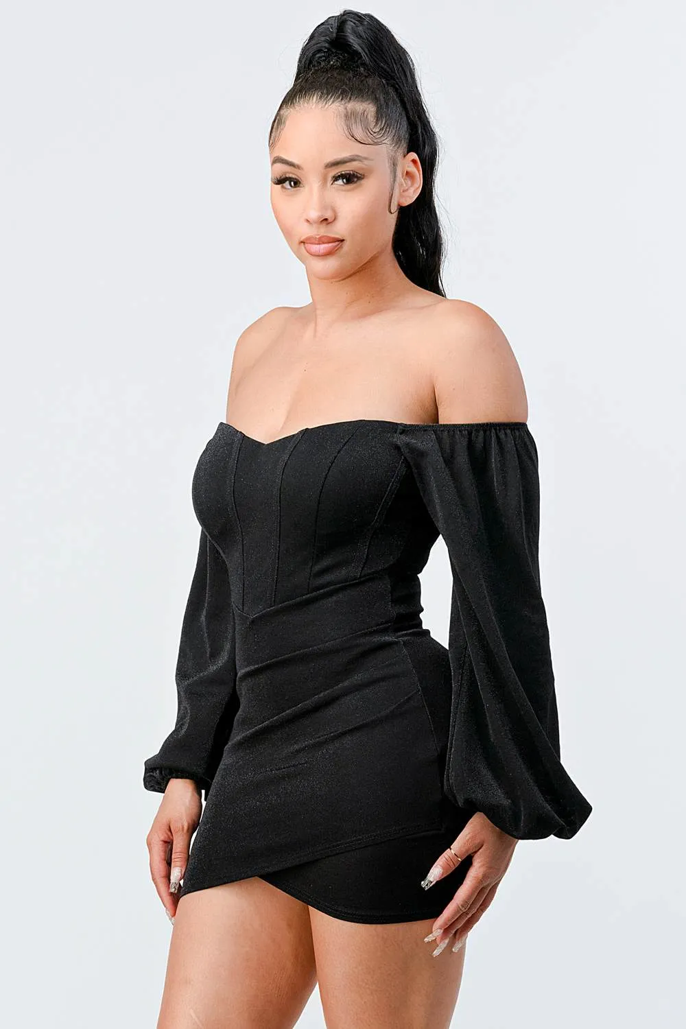 LUX CONTRAST OFF SHOULDER BODYCON MINI DRESS