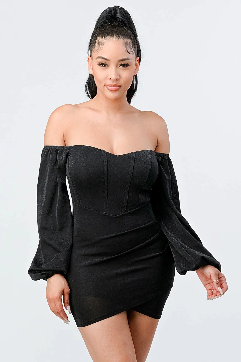 LUX CONTRAST OFF SHOULDER BODYCON MINI DRESS