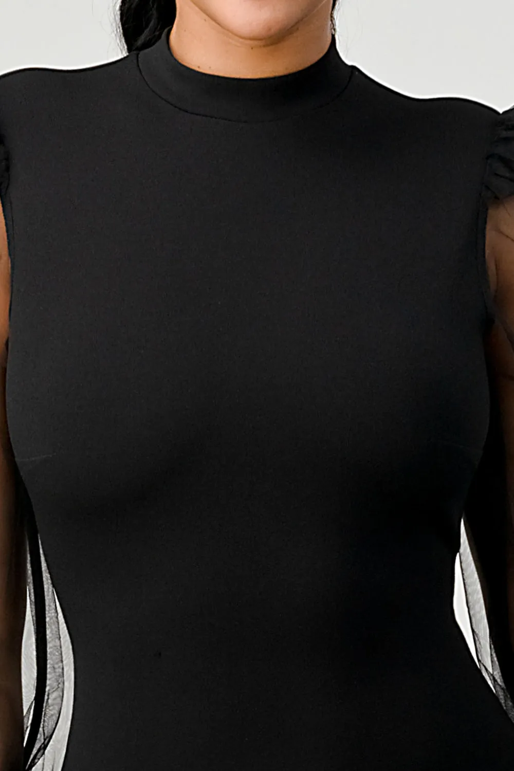 LUX CREPE MOCK NECK SHEER LONG SLEEVES MINI DRESS