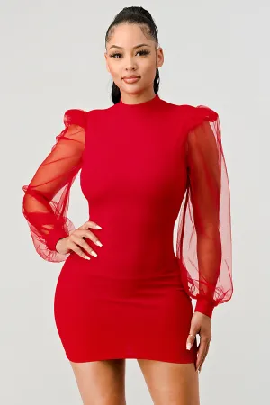 LUX CREPE MOCK NECK SHEER LONG SLEEVES MINI DRESS