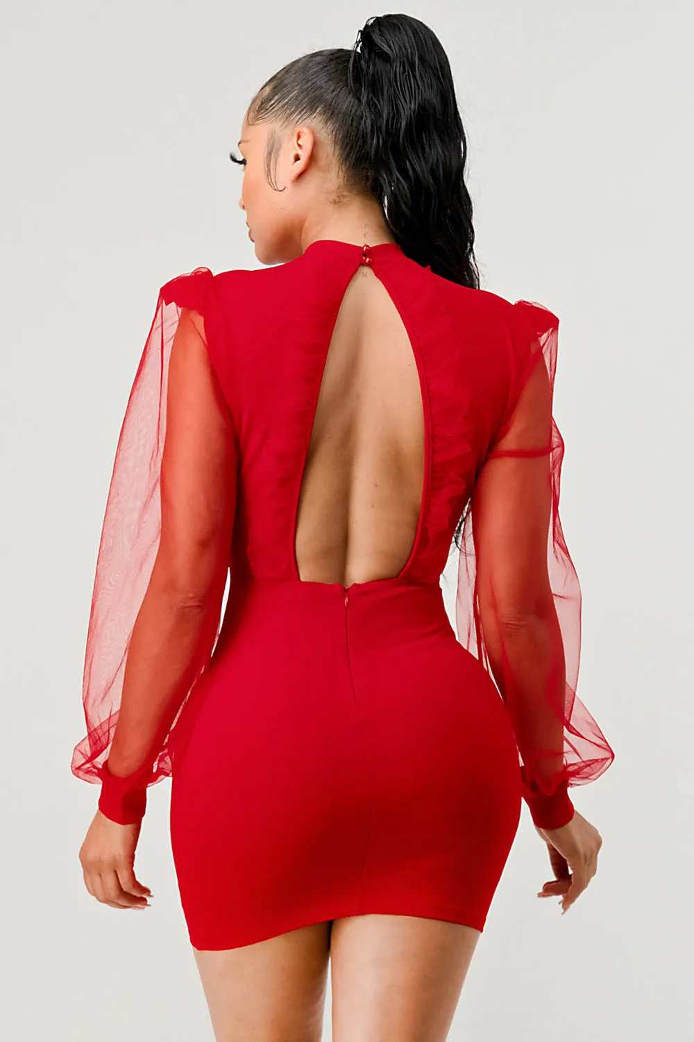 LUX CREPE MOCK NECK SHEER LONG SLEEVES MINI DRESS