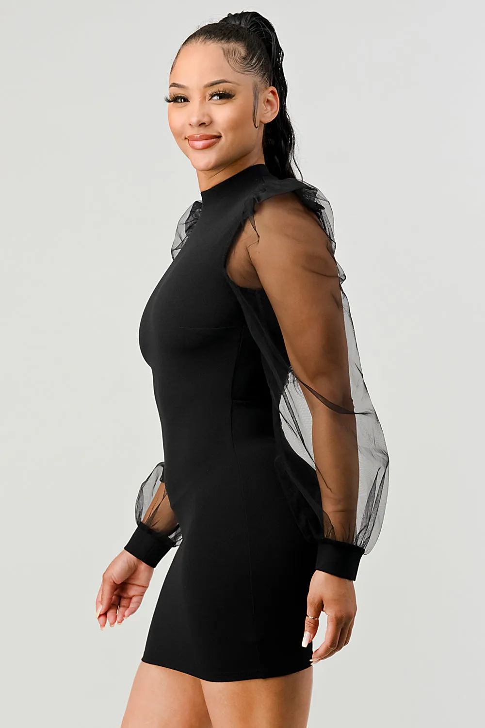 LUX CREPE MOCK NECK SHEER LONG SLEEVES MINI DRESS