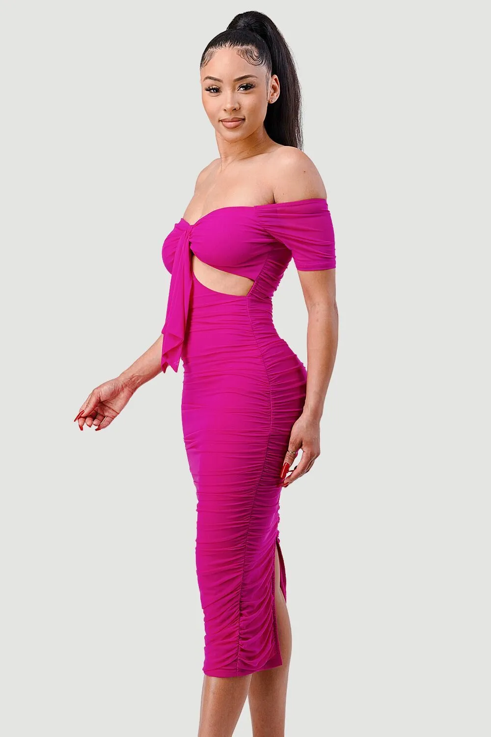 LUX OFF SHOULDER SIDE CUT KNOT TIE MIDI DRESS