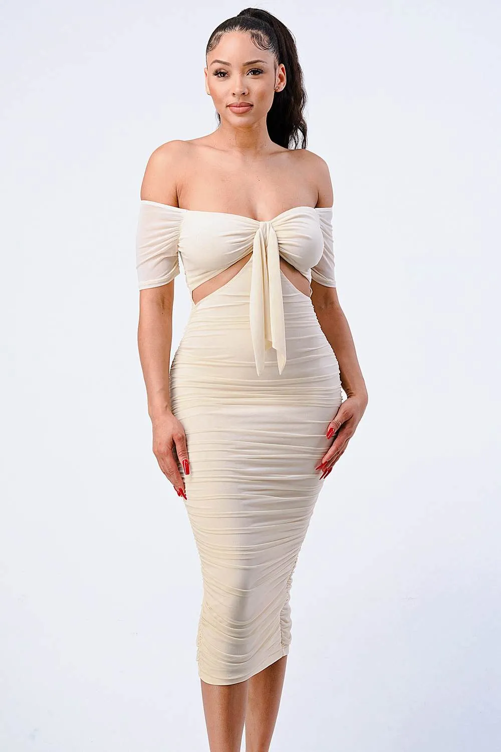 LUX OFF SHOULDER SIDE CUT KNOT TIE MIDI DRESS