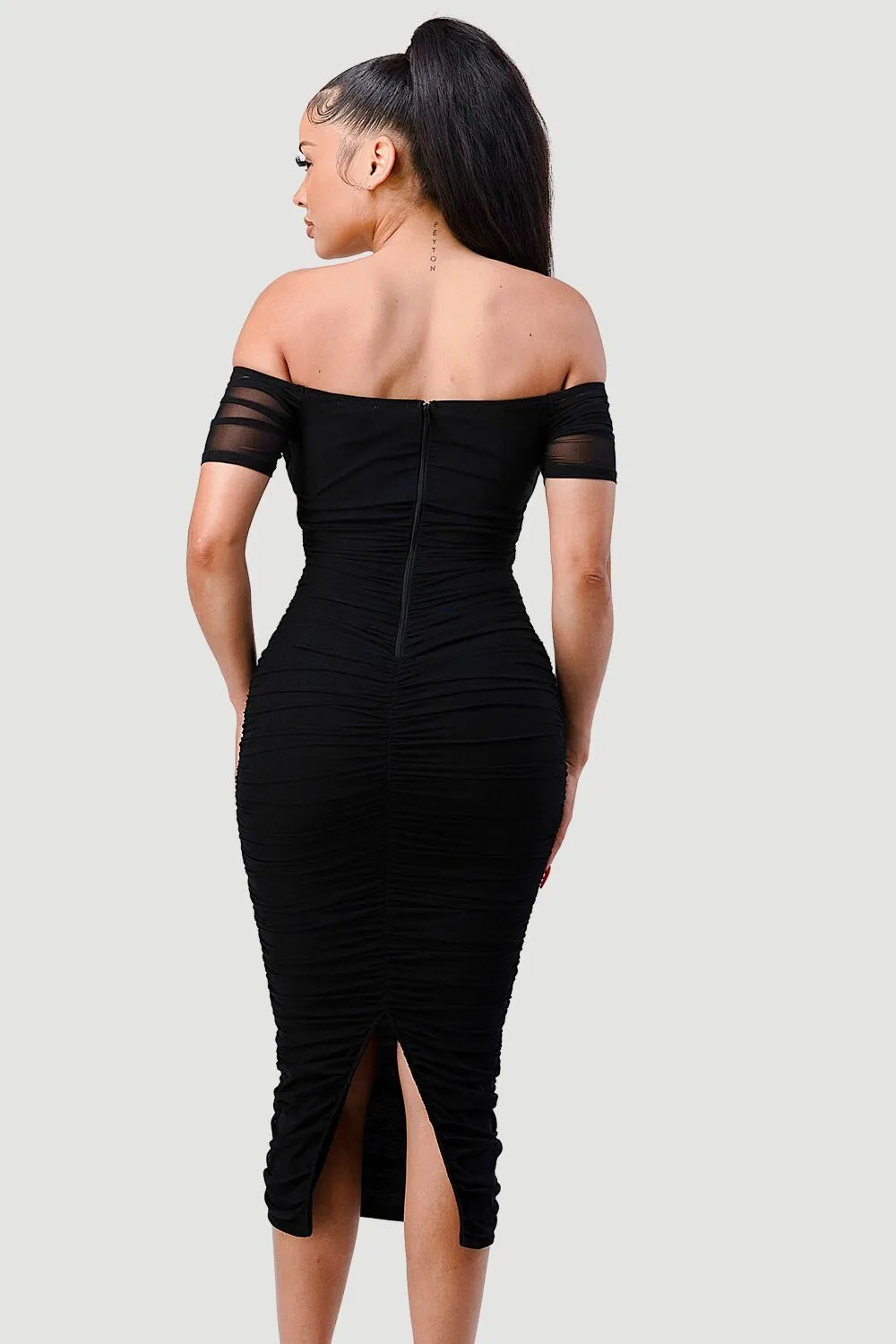 LUX OFF SHOULDER SIDE CUT KNOT TIE MIDI DRESS