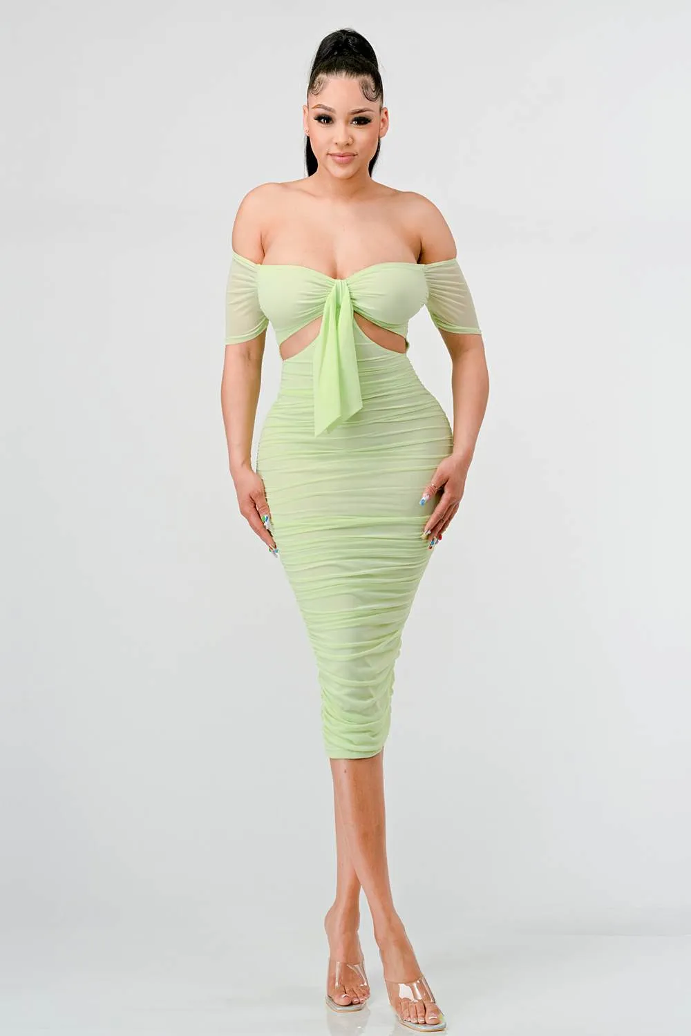 LUX OFF SHOULDER SIDE CUT KNOT TIE MIDI DRESS