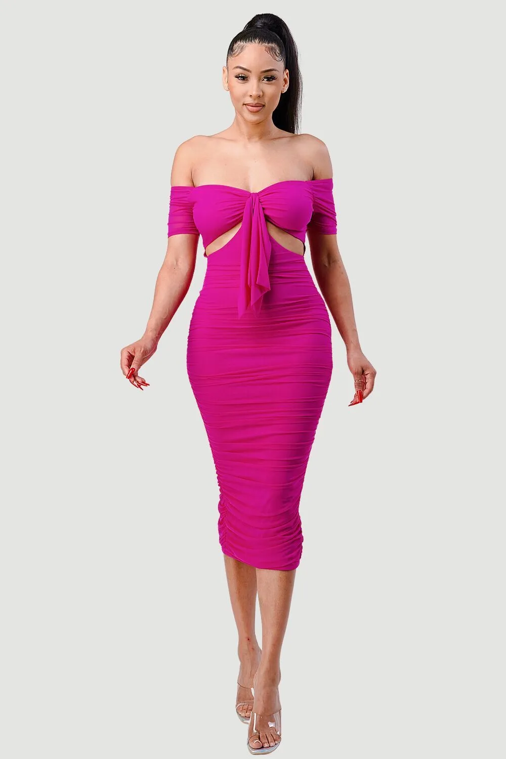 LUX OFF SHOULDER SIDE CUT KNOT TIE MIDI DRESS