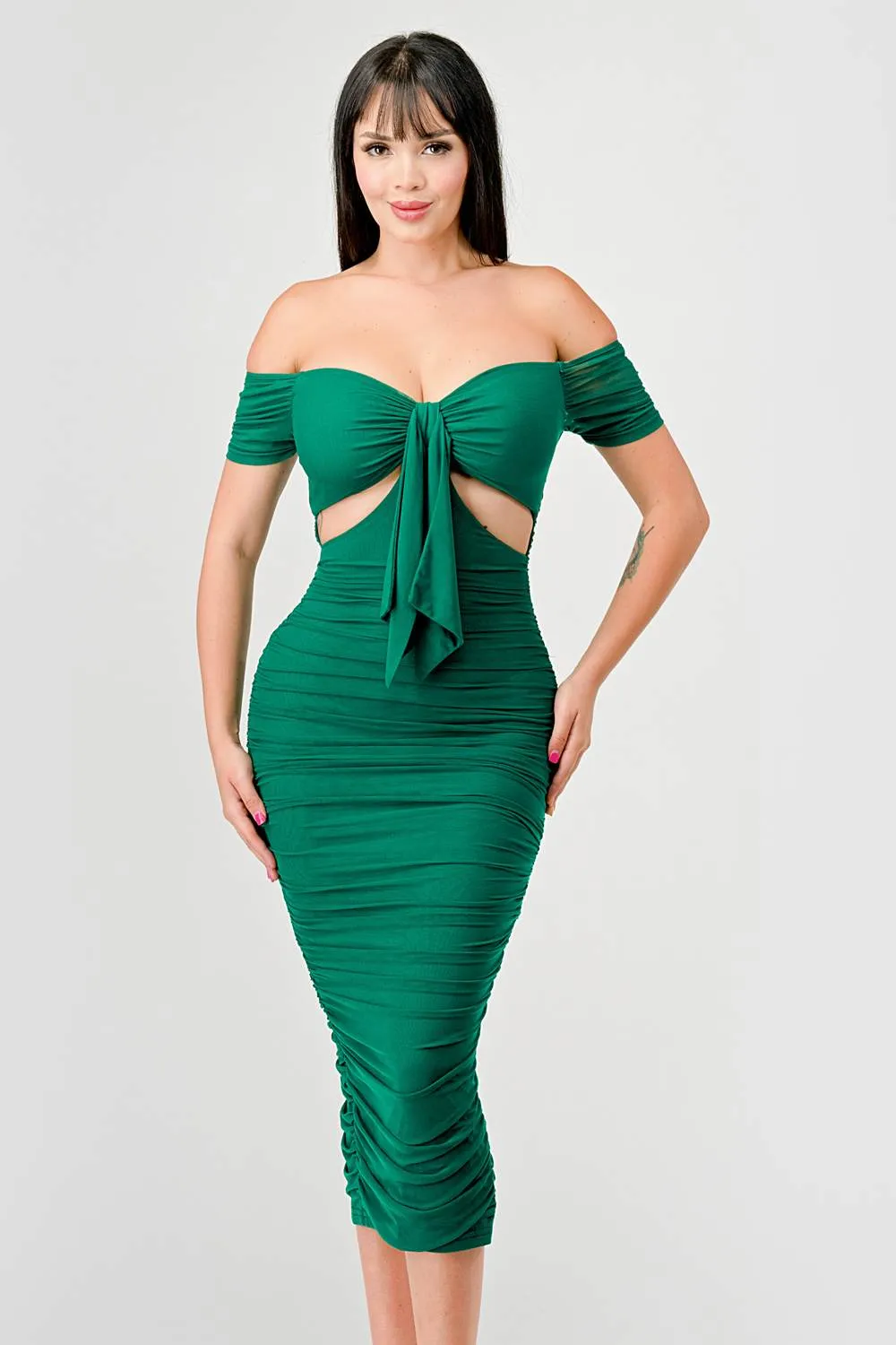 LUX OFF SHOULDER SIDE CUT KNOT TIE MIDI DRESS