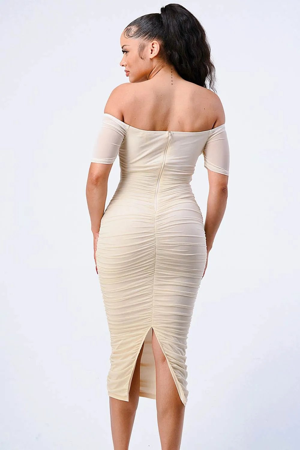 LUX OFF SHOULDER SIDE CUT KNOT TIE MIDI DRESS