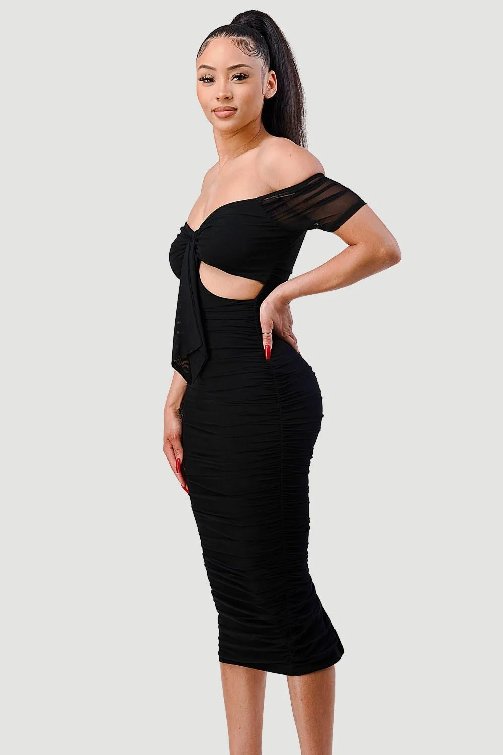 LUX OFF SHOULDER SIDE CUT KNOT TIE MIDI DRESS