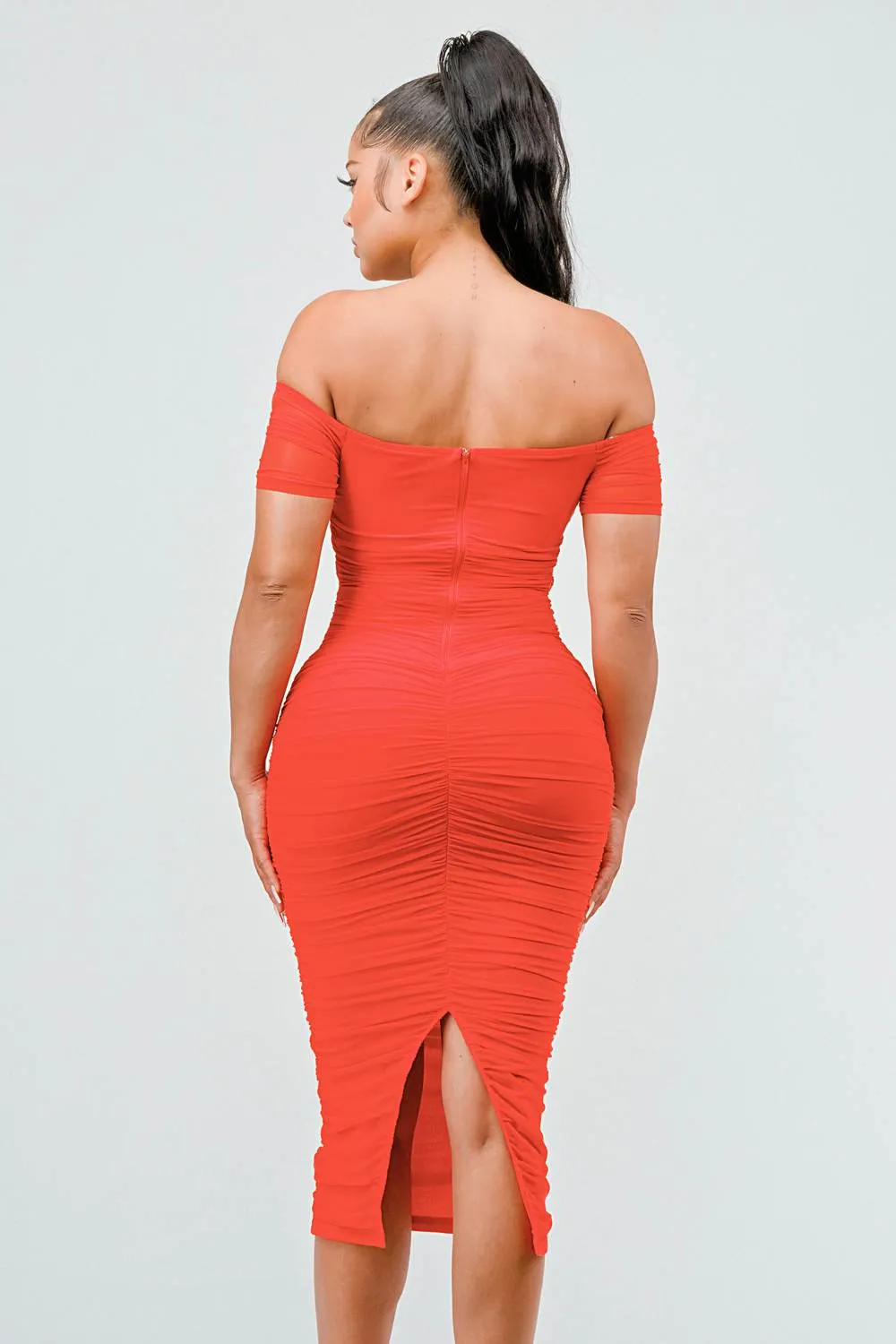 LUX OFF SHOULDER SIDE CUT KNOT TIE MIDI DRESS