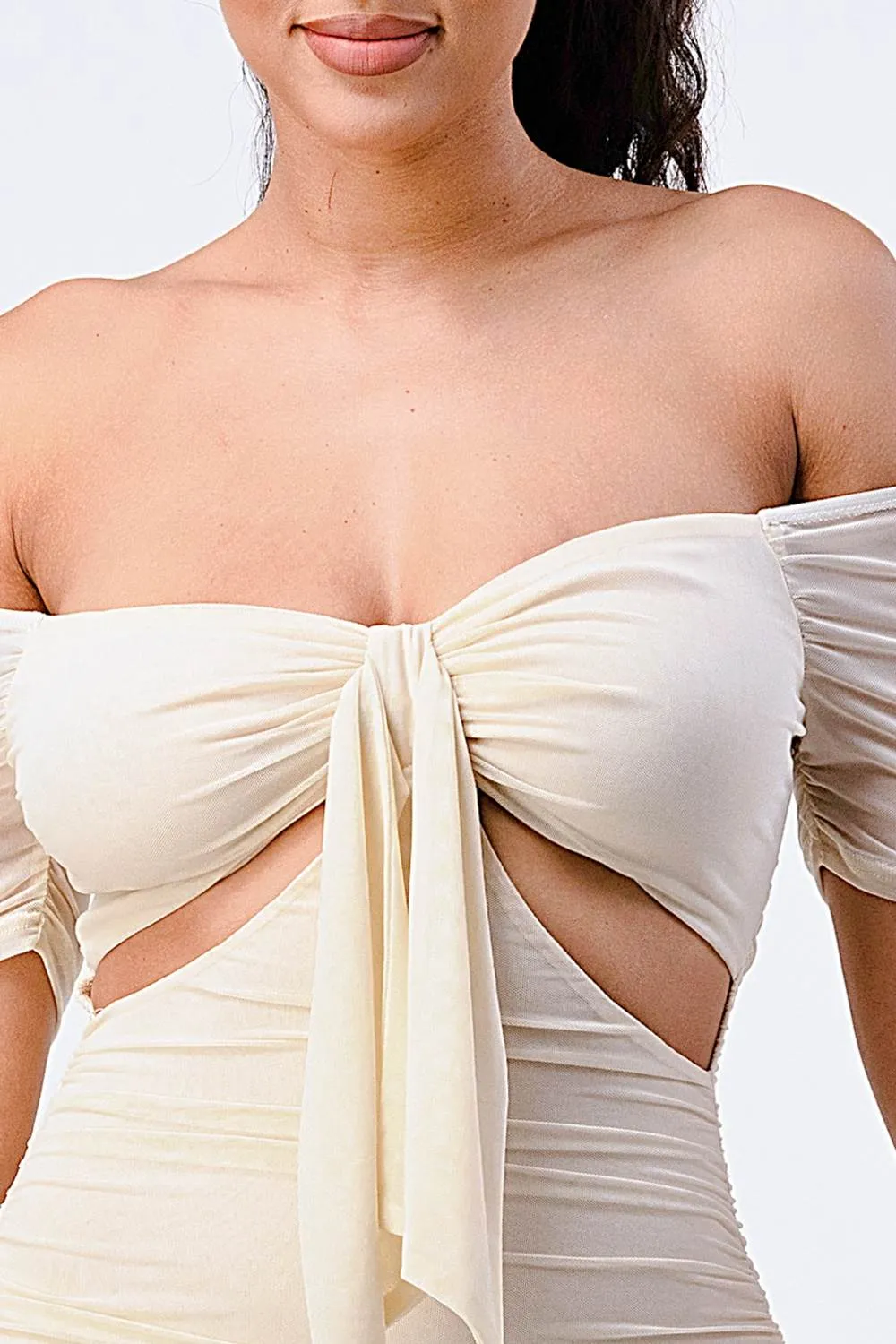 LUX OFF SHOULDER SIDE CUT KNOT TIE MIDI DRESS