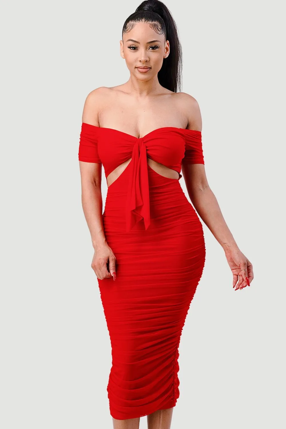 LUX OFF SHOULDER SIDE CUT KNOT TIE MIDI DRESS