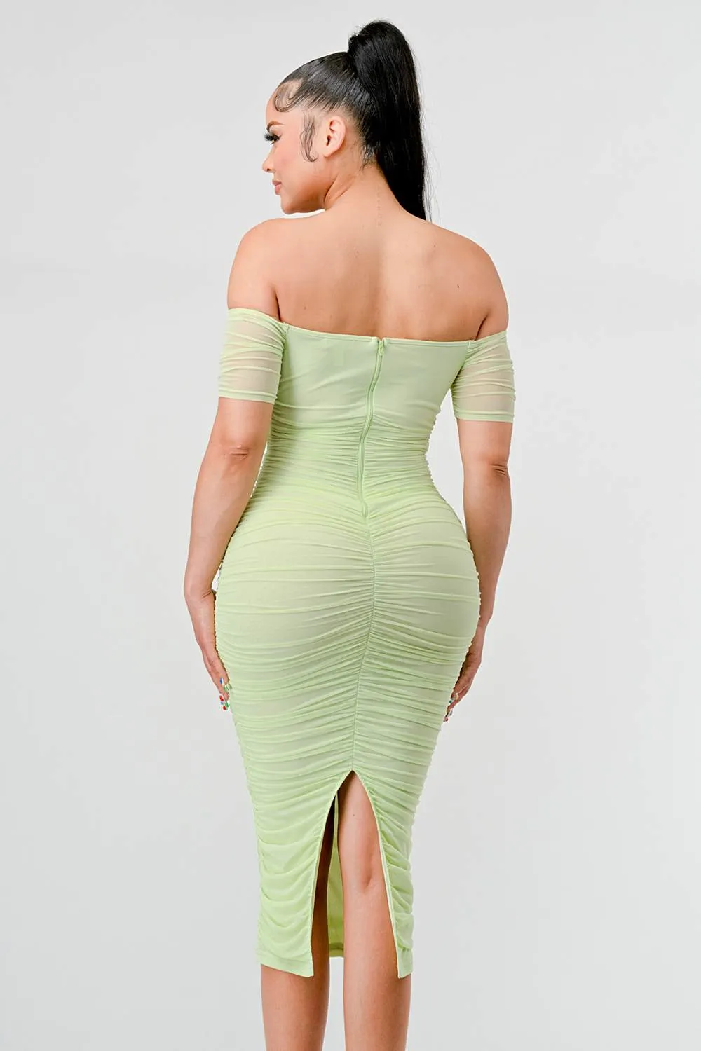 LUX OFF SHOULDER SIDE CUT KNOT TIE MIDI DRESS
