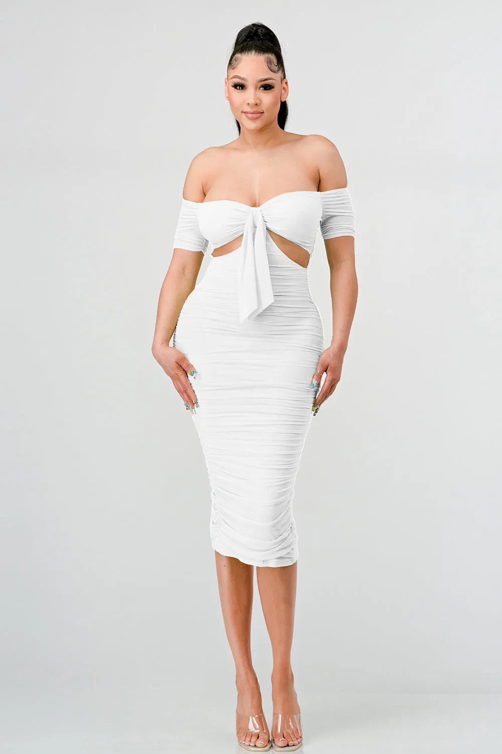 LUX OFF SHOULDER SIDE CUT KNOT TIE MIDI DRESS